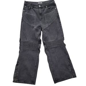 Men's Moto Biker Jeans Black Ribbed Knee‎ Panel Zipper Ankle Streetwear XL